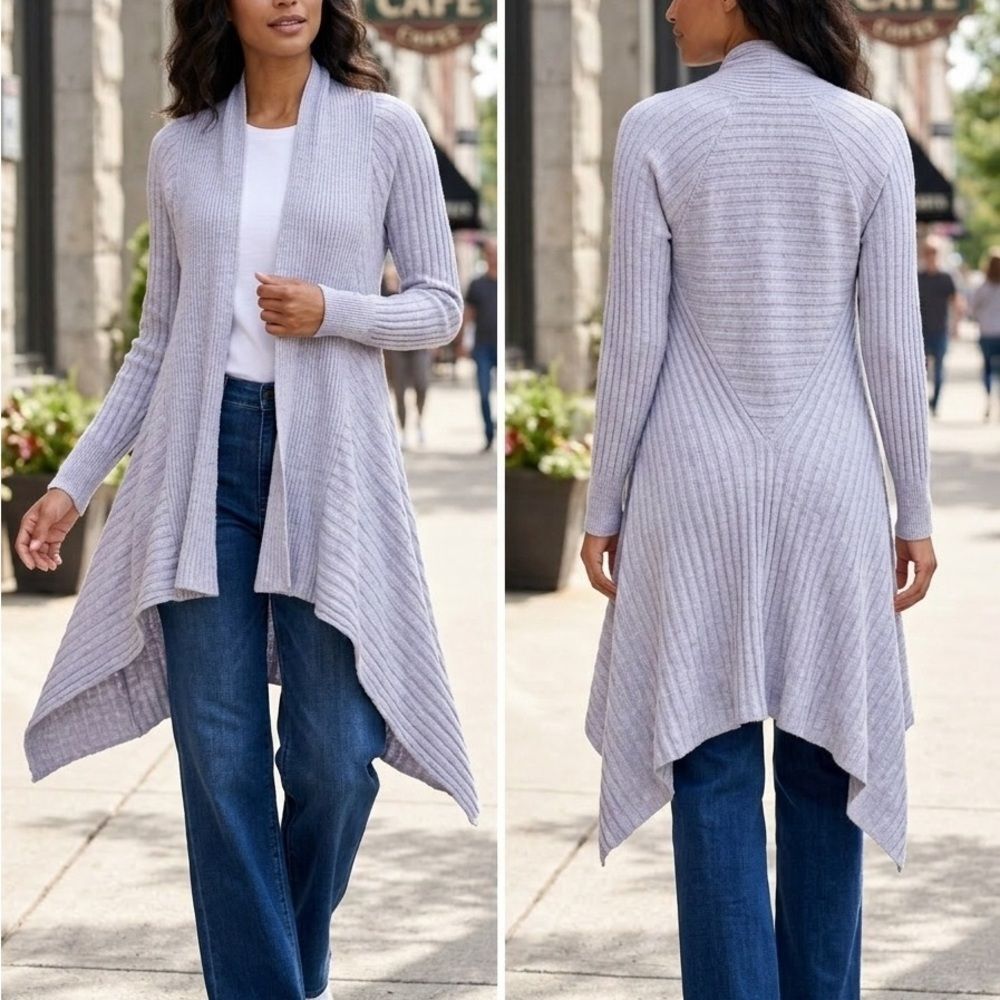 Eileen Fisher Luxury Wool Linen Silk Light Gray Ribbed Knit Draped Cardigan S